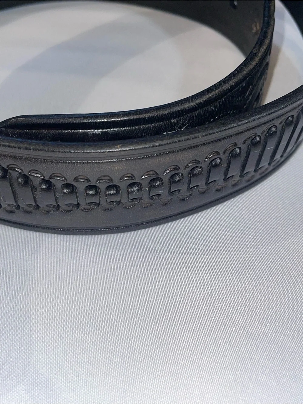 Black Leather Men's Belt with Decorative Stitching. Size 36